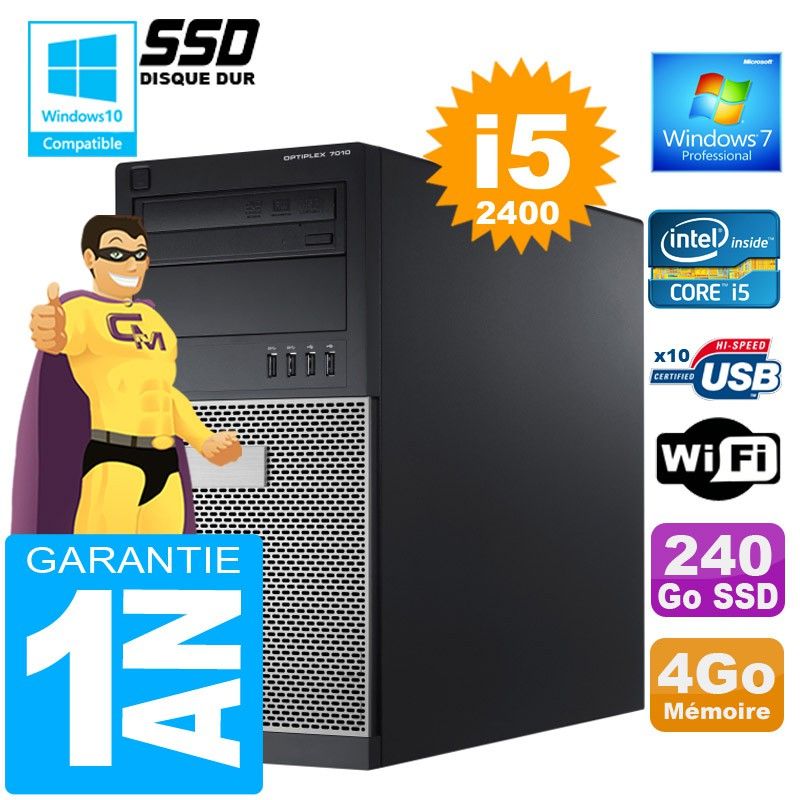 Dell 7010 MT Desktop - Intel Core i5-2400, 4GB RAM, 240GB SSD, DVD Drive, WiFi, Windows 7 Pro