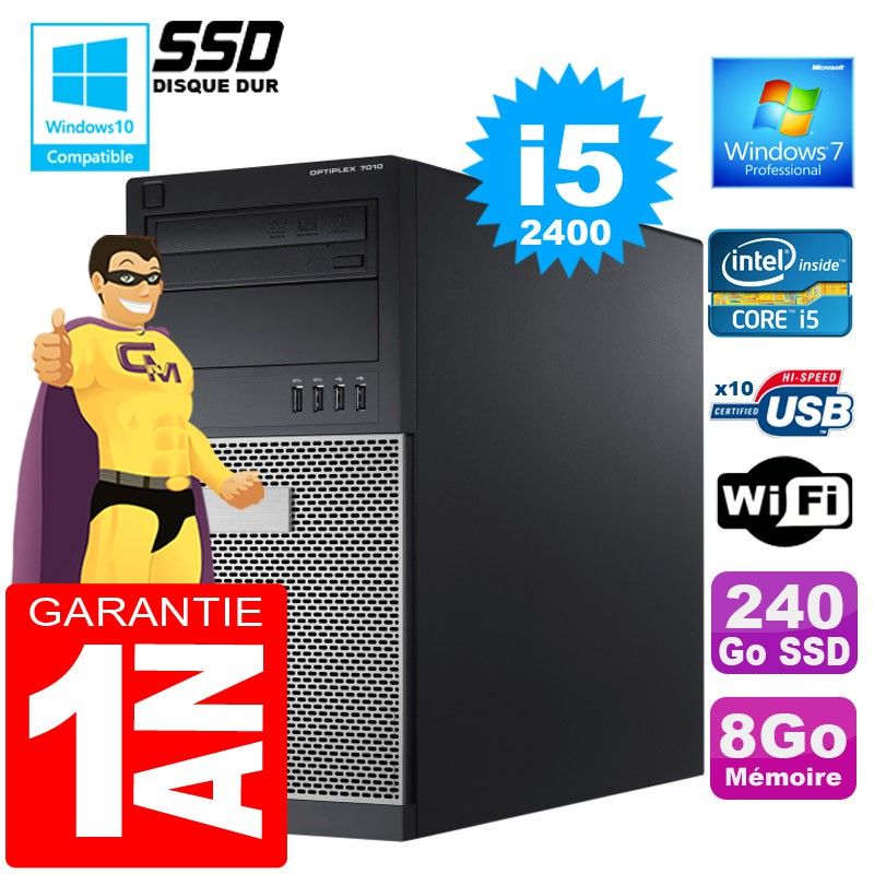 Dell 7010 MT Tower PC - Intel Core i5-2400, 8GB RAM, 240GB SSD, DVD Burner, Windows 7 Pro