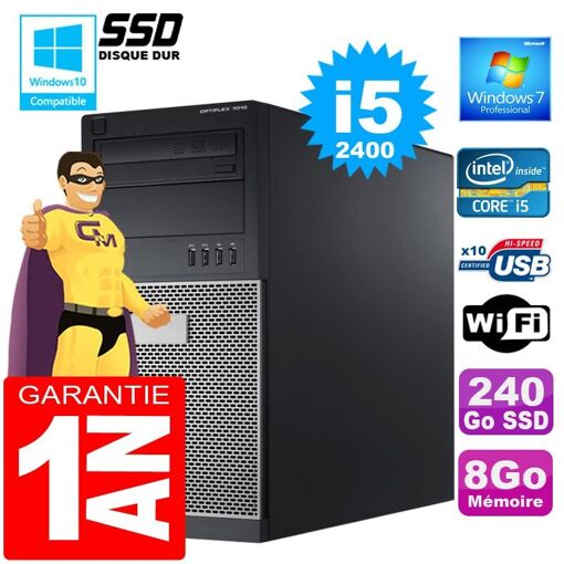 Dell 7010 MT Tower PC - Intel Core i5-2400, 8GB RAM, 240GB SSD, DVD Burner, Windows 7 Pro