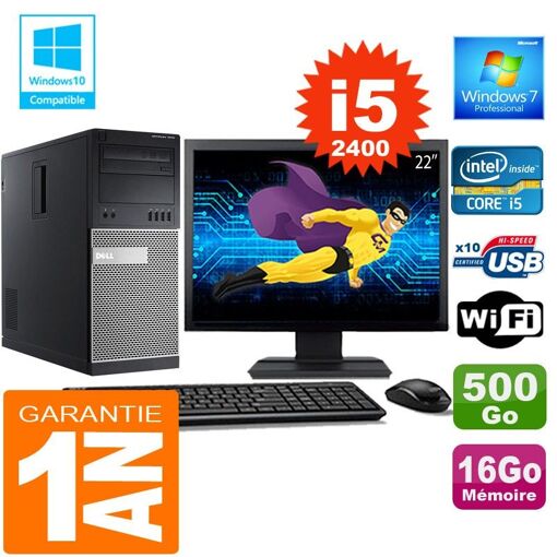 Dell 7010 Tower PC - Intel Core i5-2400, 16GB RAM, 500GB HDD, WiFi, Windows 7 Pro, 22" Screen