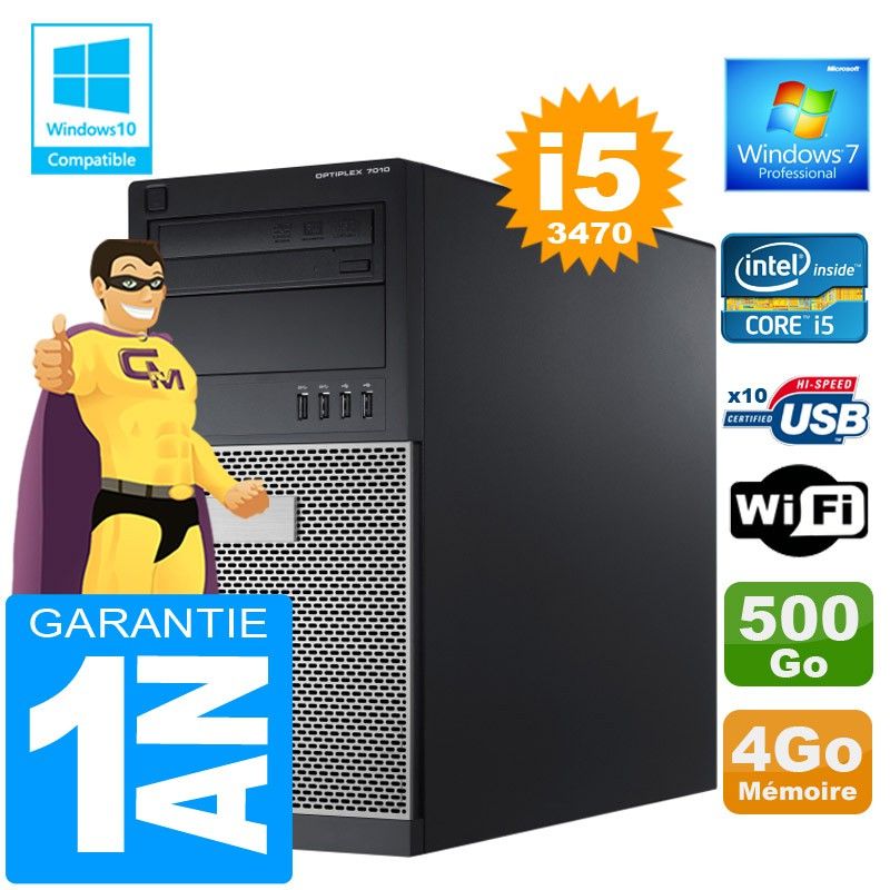 Dell 7010 Tower PC - Core i5-3470, 4GB RAM, 500GB HDD, DVD Burner, WiFi, Windows 7 Pro