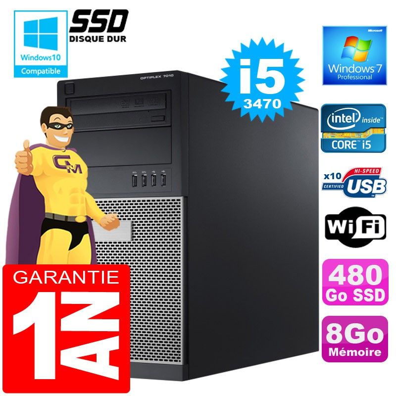 Dell 7010 MT Desktop Computer - Intel Core i5-3470, 8GB RAM, 480GB SSD, DVD Burner, Windows 7 Pro