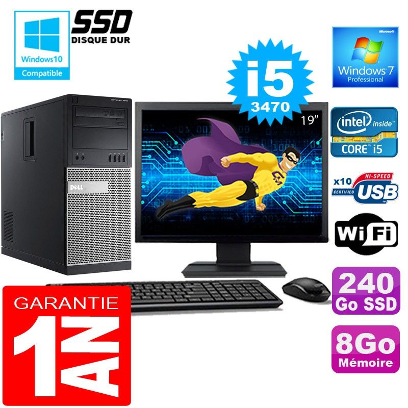 Tour Dell 7010, Processeur Intel® Core i5-3470, 8 Go de RAM, Disque SSD 240 Go, WiFi, Windows 7 Professionnel, Écran 19"