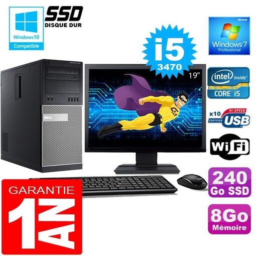Dell 7010 MT (Tower) Core i5-3470, 8GB RAM, 240GB SSD, WiFi, Windows 7 Pro, 19" Screen