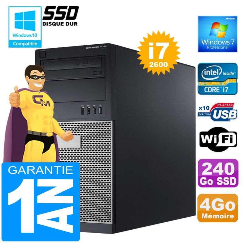 Dell 7010 Tower PC - Core i7-2600, 4GB RAM, 240GB SSD, DVD Burner, WiFi, Windows 7 Pro