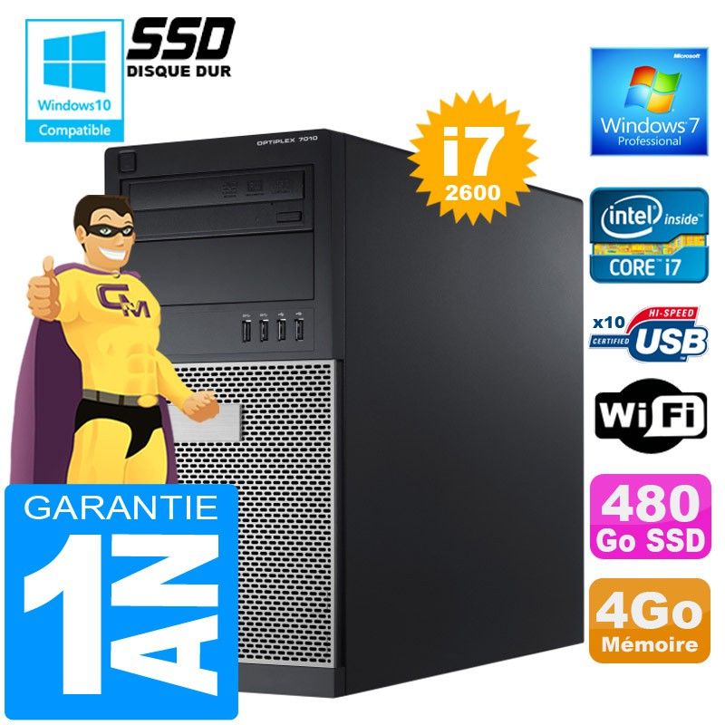 Dell 7010 MT Desktop - Core i7-2600, 4GB RAM, 480GB SSD, DVD Burner, Windows 7 Pro