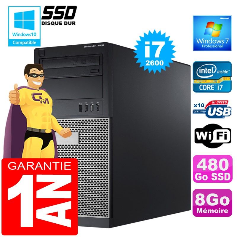 Dell 7010 Tower PC - Intel Core i7-2600, 8GB RAM, 480GB SSD, DVD Burner, Windows 7 Pro