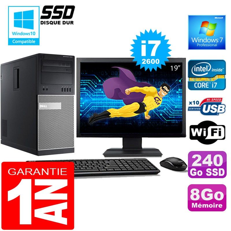 Dell 7010 MT (Tower) Core i7-2600 3.4GHz 8GB RAM 240GB SSD Windows 7 Pro 19" Screen