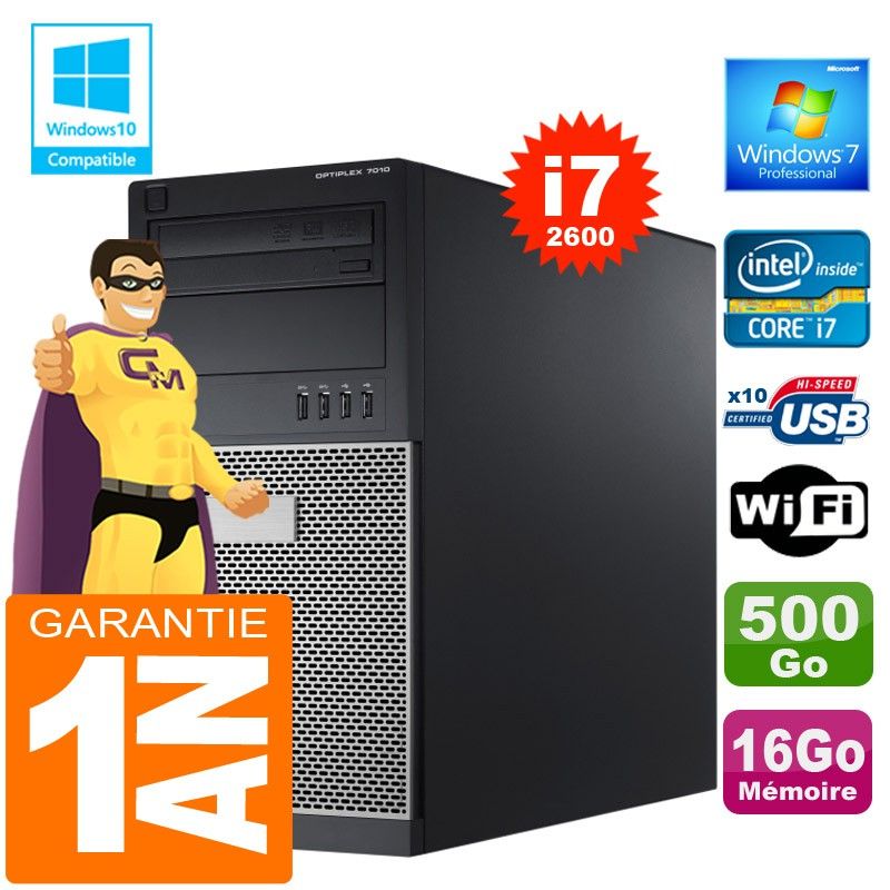 Dell 7010 MT Desktop PC - Core i7-2600, 16GB RAM, 500GB HDD, DVD Burner, WiFi, Windows 7 Pro