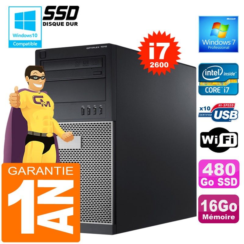 Dell 7010 MT Desktop - Intel Core i7-2600, 16GB RAM, 480GB SSD, DVD Burner, Windows 7 Pro