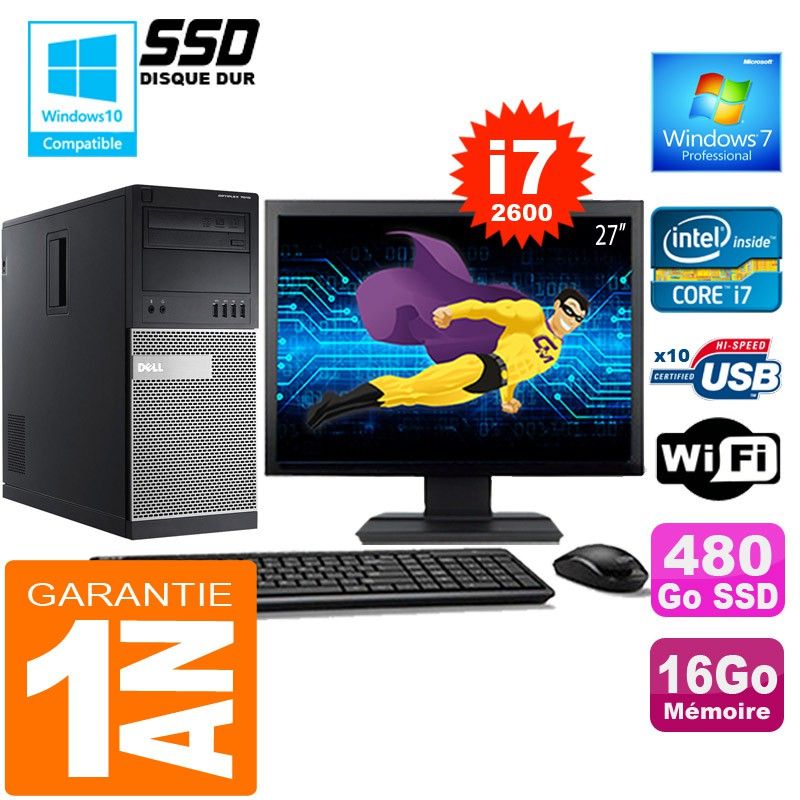 Dell 7010 MT (Tower) Core i7-2600 3.4GHz Computer, 16GB RAM, 480GB SSD, Windows 7 Pro