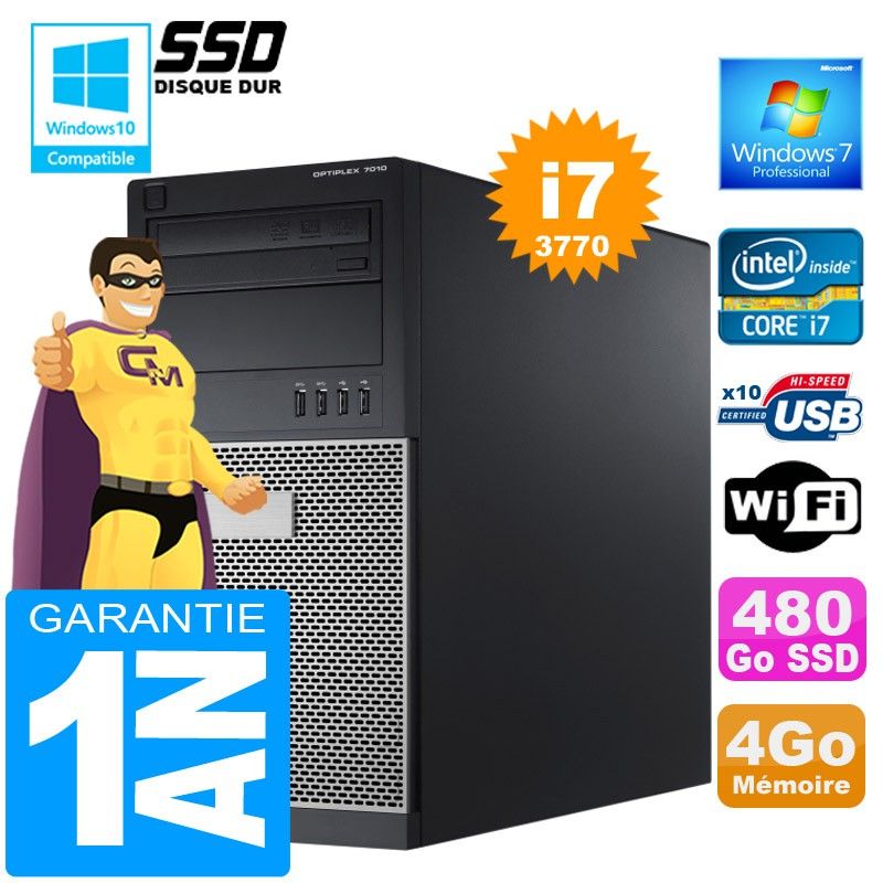 Dell 7010 MT (Tower) Core i7-3770 4GB RAM 480GB SSD DVD Burner WiFi Windows 7 Pro
