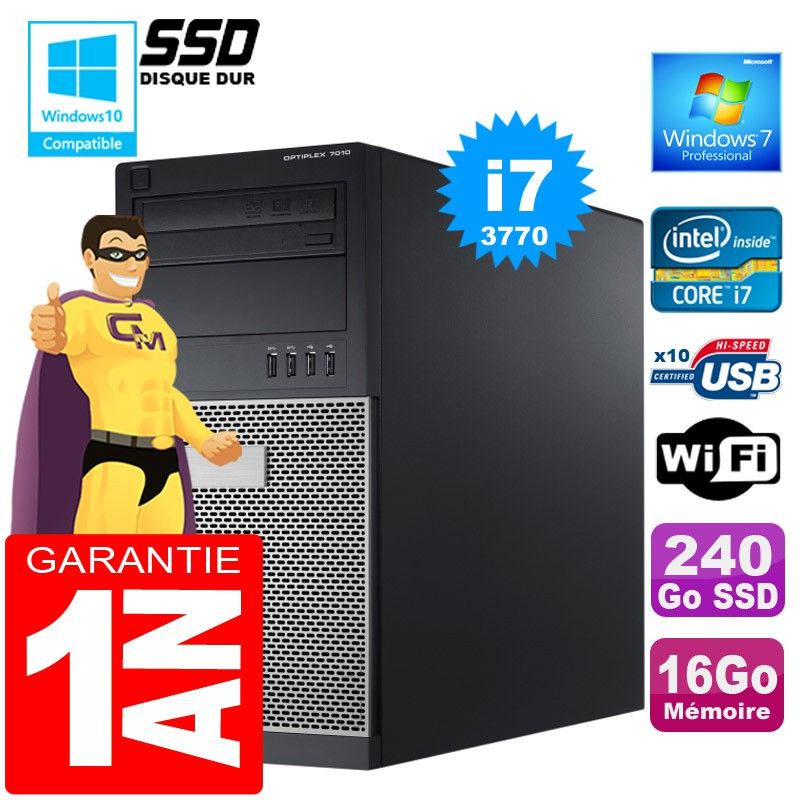 Dell 7010 MT Desktop - Intel Core i7-3770, 16GB RAM, 240GB SSD, DVD Drive, Windows 7 Pro