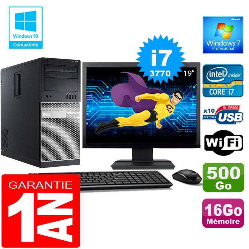 Dell 7010 MT Tower PC - Intel Core i7-3770, 16GB RAM, 500GB HDD, WiFi, Windows 7 Pro, 19" Screen