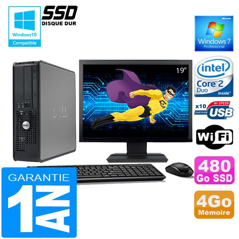 Ordinateur de bureau Dell 755 SFF - Processeur Intel E6750, 4 Go de RAM, 480 Go SSD, WiFi, Windows 7 Professionnel