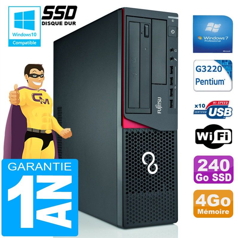 Fujitsu Esprimo E720 E85+ SFF Desktop PC - Intel Pentium G3220, 4GB RAM, 240GB SSD, WiFi, Windows 7 Pro