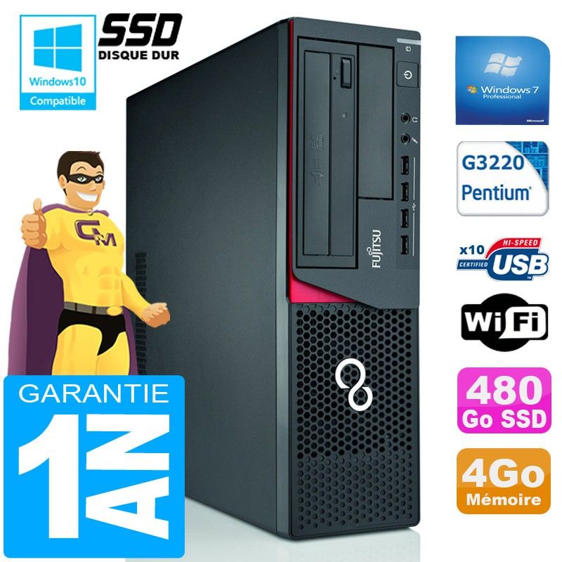 Fujitsu Esprimo E720 E85+ SFF Desktop PC - Intel Pentium G3220, 4GB RAM, 480GB SSD, WiFi, Windows 7 Pro
