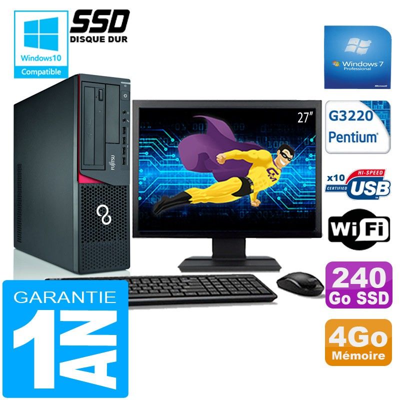 Ordinateur Fujitsu Esprimo E720 E85+ SFF - 4 Go de RAM, 240 Go SSD, Intel Pentium G3220, Windows 7 Pro