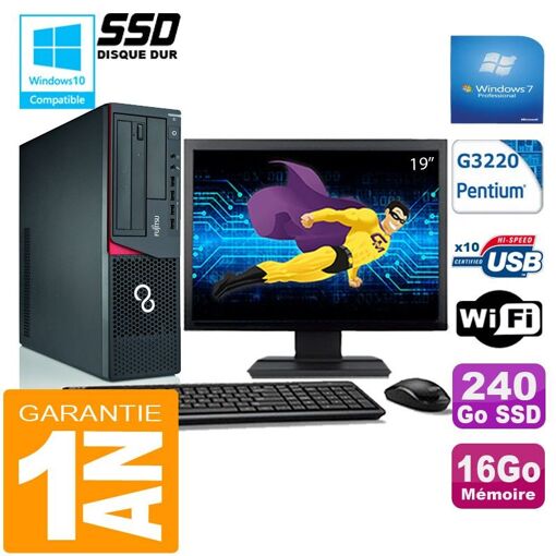 Ordinateur de bureau Fujitsu Esprimo E720 E85+ (Forme compacte) - Processeur Intel Pentium G3220, 16 Go de RAM, 240 Go SSD, WiFi, Windows 7 Professionnel