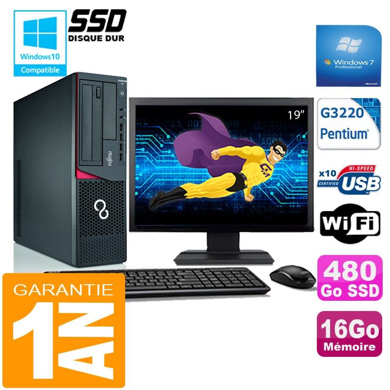 Ordinateur de bureau Fujitsu Esprimo E720 E85+ SFF - 16 Go de RAM, 480 Go SSD, Intel Pentium G3220, Wi-Fi, Windows 7 Professionnel