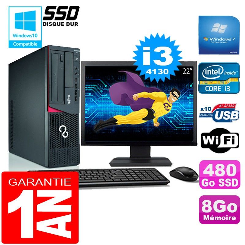 Fujitsu Esprimo E720 E85+ SFF I3-4130 8GB 480GB SSD WiFi Win7 22" Screen