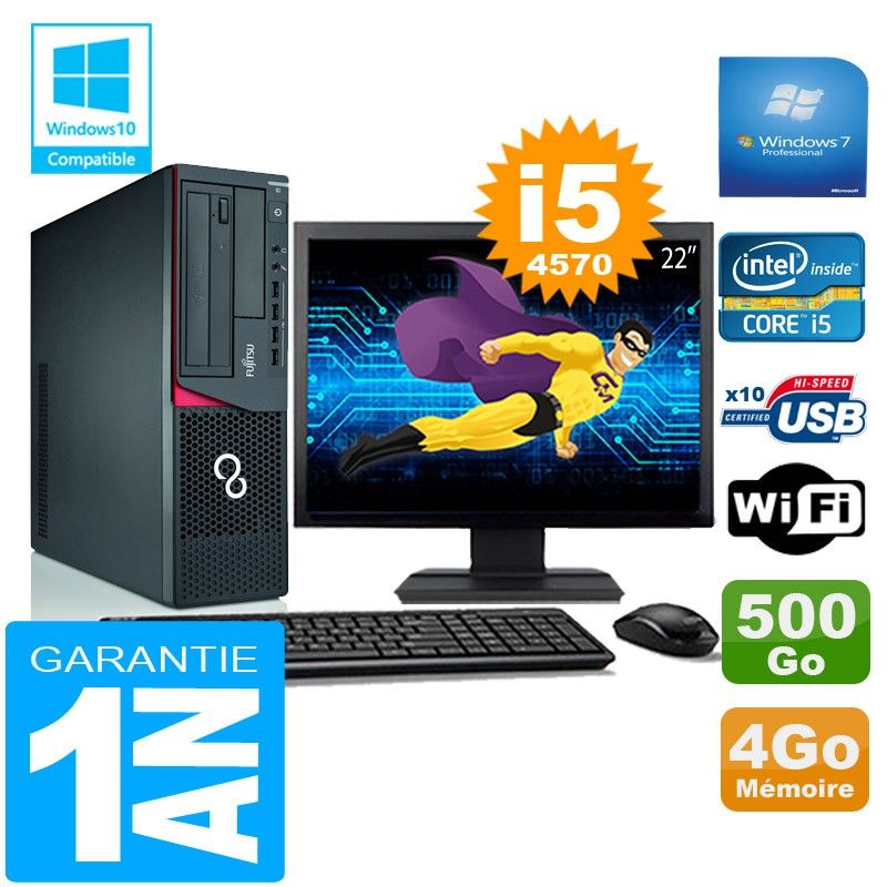 Ordinateur de bureau Fujitsu Esprimo E720 E85+ (Forme compacte) Core i5-4570 4 Go 500 Go Wi-Fi Windows 7 Écran 22"