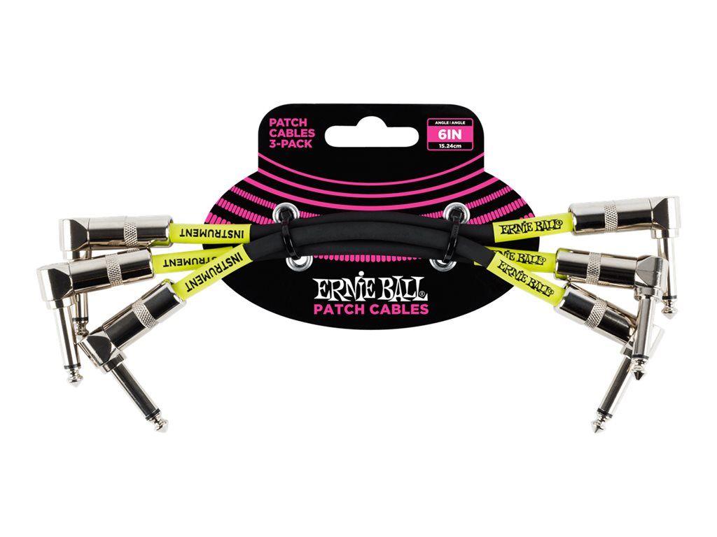 Ernie Ball Patch Cable - Audio Cable - 15.24 cm Angled Mono Male to Angled Mono Male - Shielded - Black (Pack of 3)