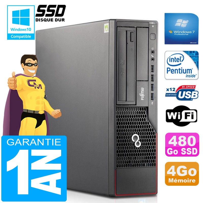 Fujitsu Esprimo E700 E90+ SFF PC - Intel Pentium G840, 4GB RAM, 480GB SSD, WiFi, Windows 7 Pro
