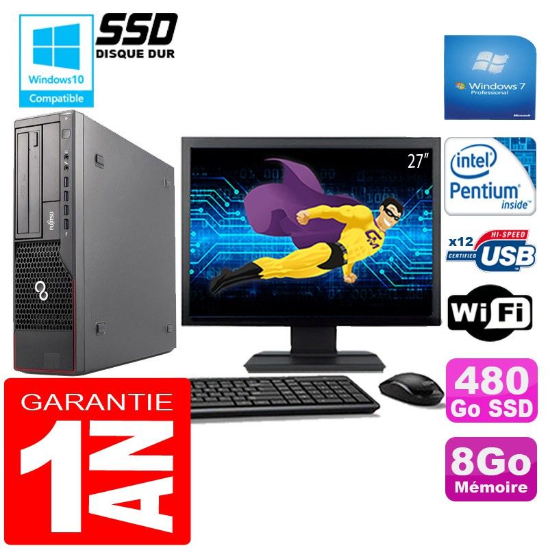 Fujitsu Esprimo E700 E90+ SFF Desktop - Intel Pentium G840, 8GB RAM, 480GB SSD, WiFi, Windows 7 Pro