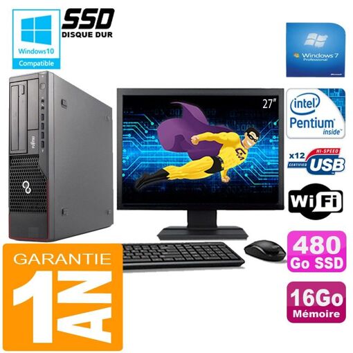 Ordinateur de bureau Fujitsu Esprimo E700 E90+ SFF - Processeur Intel Pentium G840, 16 Go de RAM, 480 Go SSD, Wi-Fi, Windows 7 Professionnel