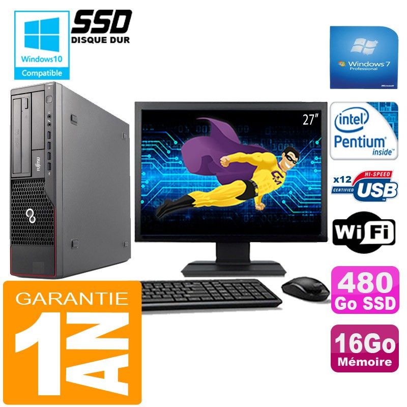 Ordinateur de bureau Fujitsu Esprimo E700 E90+ SFF - Processeur Intel Pentium G840, 16 Go de RAM, 480 Go SSD, Wi-Fi, Windows 7 Professionnel
