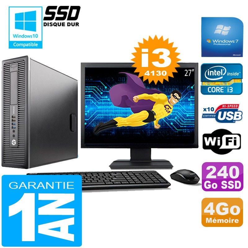HP EliteDesk 800 G1 SFF Core i3-4130 4GB 240GB SSD WiFi Windows 7 Pro 27" Monitor