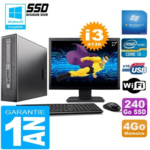 HP EliteDesk 800 G1 SFF Intel Core i3-4130 4Go 240Go SSD Wi-Fi Windows 7 Professionnel Écran 27"