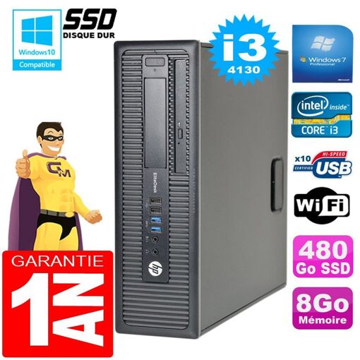 HP EliteDesk 800 G1 SFF Intel Core i3-4130 8 Go 480 Go SSD Graveur DVD Wi-Fi Windows 7