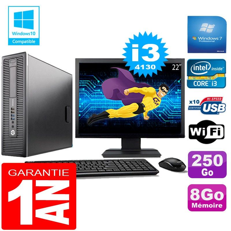 HP EliteDesk 800 G1 SFF Core i3-4130 8GB 250GB WiFi Windows 7 Pro 22" Screen