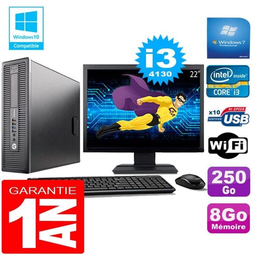 HP EliteDesk 800 G1 SFF Processeur Intel Core i3-4130 8 Go de RAM 250 Go SSD Wi-Fi Windows 7 Professionnel Écran 22"