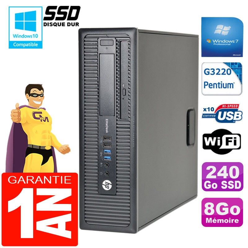 HP EliteDesk 800 G1 SFF PC - Intel Core i3-4170, 8GB RAM, 240GB SSD, DVD Burner, WiFi, Windows 7 Pro