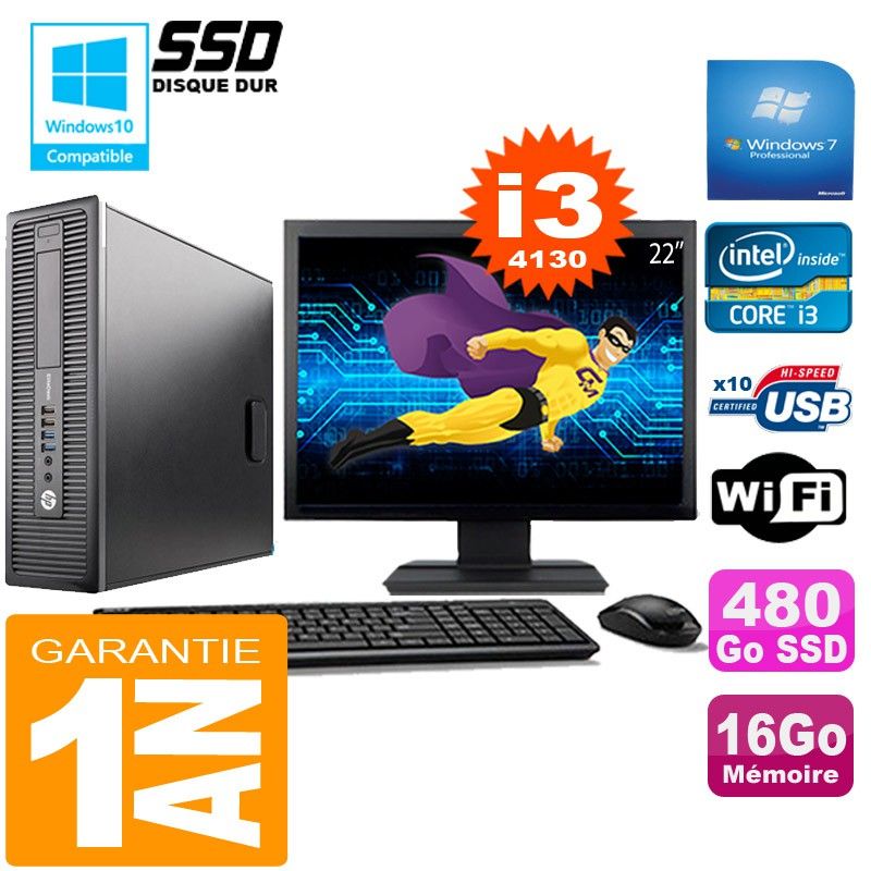 HP EliteDesk 800 G1 SFF Core i3-4130 16GB 480GB SSD WiFi Windows 7 22" Screen