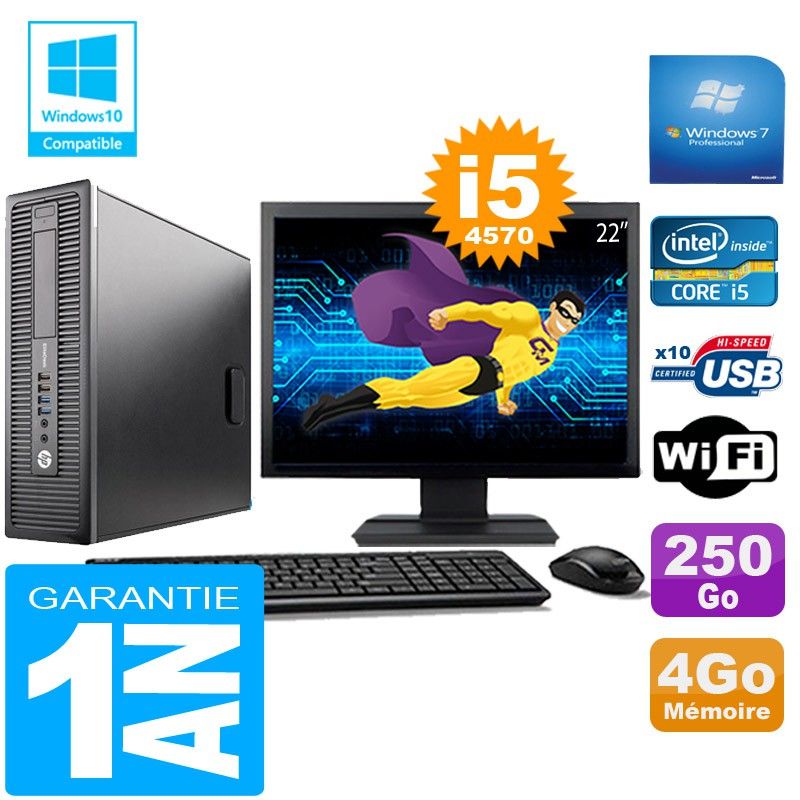 HP EliteDesk 800 G1 SFF Core i5-4570 4GB 250GB WiFi Windows 7 Pro 22" Monitor