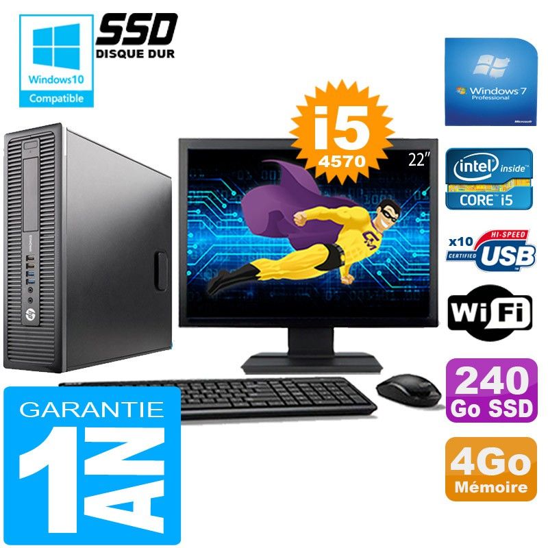 HP EliteDesk 800 G1 SFF Core i5-4570 4GB 240GB SSD WiFi Windows 7 22" Monitor
