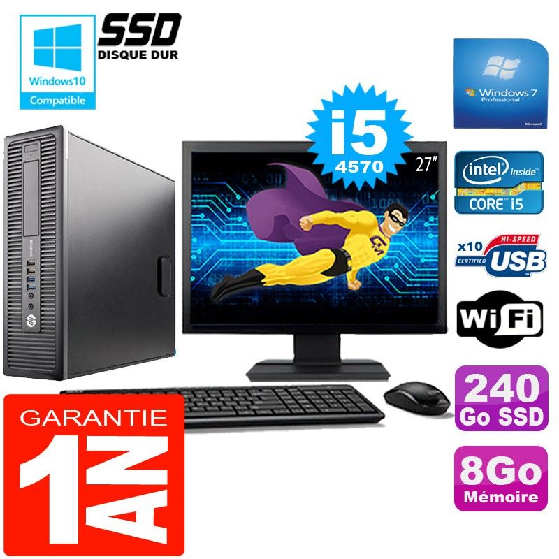 HP EliteDesk 800 G1 SFF Core i5-4570 8GB 240GB SSD WiFi Windows 7 Pro 27" Monitor