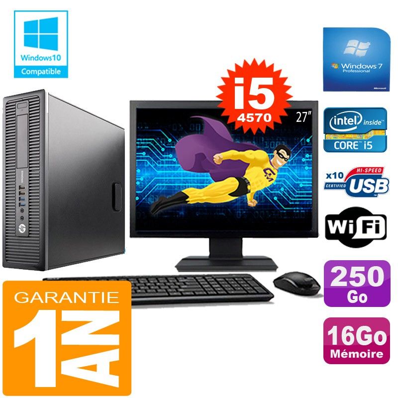 HP EliteDesk 800 G1 SFF Core i5-4570 16GB 250GB SSD WiFi Windows 7 Pro 27" Monitor