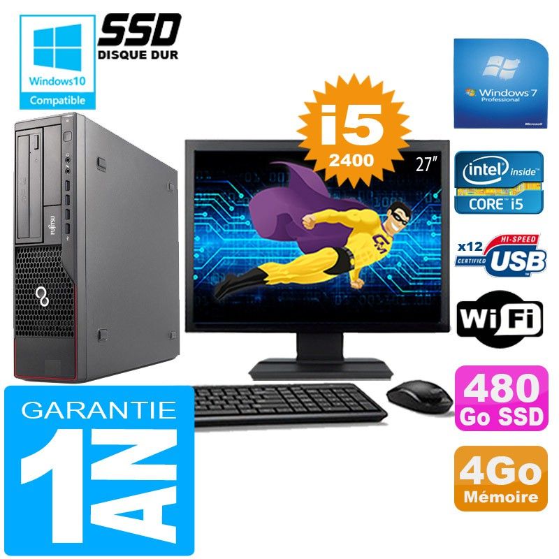 Ordinateur de bureau Fujitsu Esprimo E700 E90+ SFF - Processeur Intel Core i5-2400, 4 Go de RAM, 480 Go SSD, WiFi, Windows 7 Professionnel