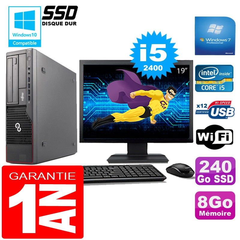 Ordinateur de bureau Fujitsu Esprimo E700 E90+ (Small Form Factor) - Processeur Intel Core i5-2400, 8 Go de RAM, SSD 240 Go, WiFi, Windows 7 Professionnel