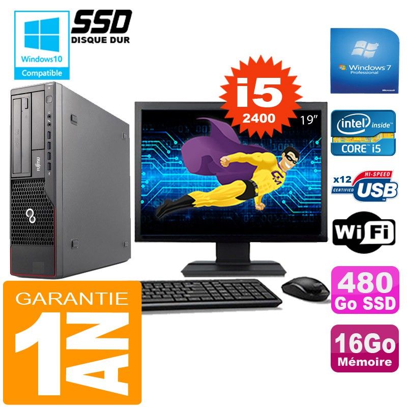 Ordinateur de bureau Fujitsu Esprimo E700 E90+ SFF - Processeur Intel Core i5-2400, 16 Go de RAM, 480 Go SSD, Wi-Fi, Windows 7 Pro
