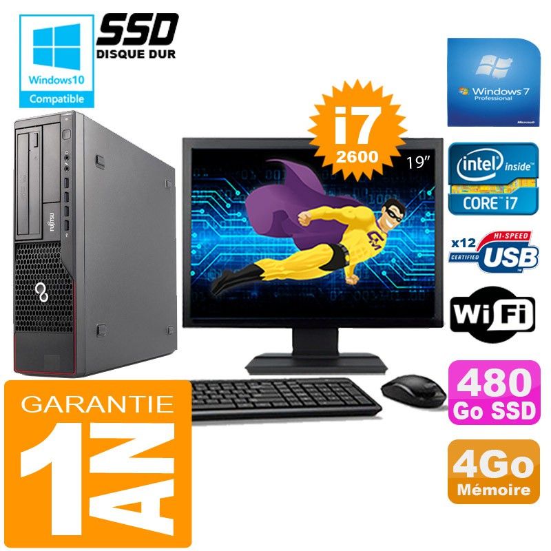 Fujitsu Esprimo E700 E90+ SFF I7-2600 4GB 480GB SSD WiFi Win7 19" Screen