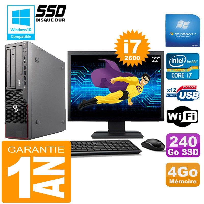 Ordinateur de bureau Fujitsu Esprimo E700 E90+ (Forme compacte) - Processeur Intel Core i7-2600, 4 Go de RAM, 240 Go SSD, Wi-Fi