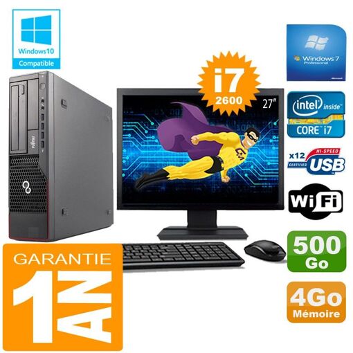 Fujitsu Esprimo E700 E90+ SFF con procesador Intel Core i7-2600 de 3,4 GHz, 4 GB DDR3, 500 GB SATA, lector óptico DVD, WiFi, Windows 7 Pro y pantalla de 27 pulgadas