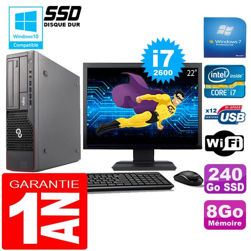 Fujitsu Esprimo E700 E90+ SFF I7-2600 8GB 240GB SSD WiFi Windows 7 Pro 22" Screen
