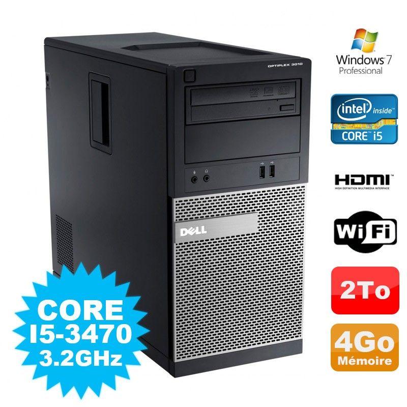 Dell Optiplex 3010 MT Desktop PC - Intel Core i5-3470, 4GB RAM, 2000GB HDD, DVD Burner, HDMI, WiFi, Windows 7 Pro